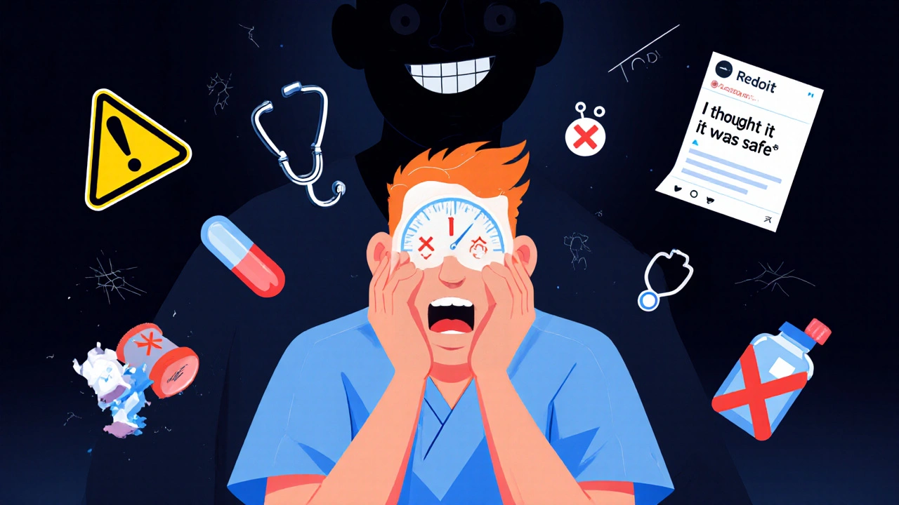 A patient in the ER with high fever and trembling, surrounded by warning symbols and misleading supplement labels.