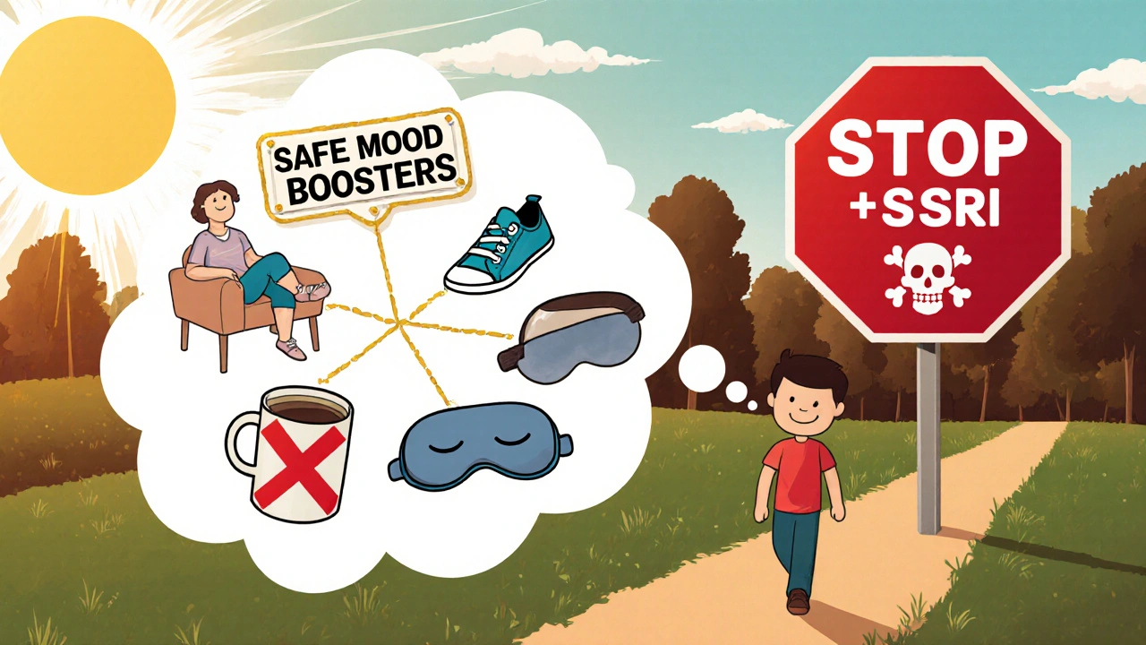 A person walking peacefully in a park with safe alternatives like therapy and exercise shown in a thought bubble.