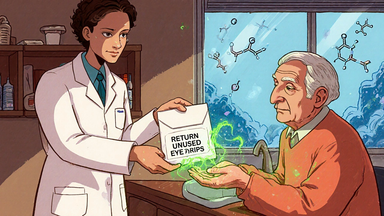 A pharmacist gives a patient a return envelope for unused eye drops, with toxic molecules fading away safely.