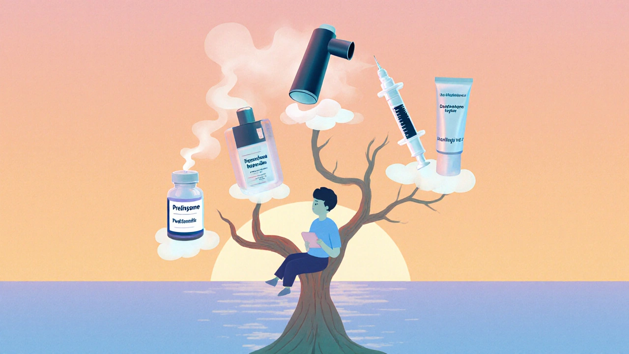 Artistic decision tree showing oral pills, inhaler, injection, and topical cream options.