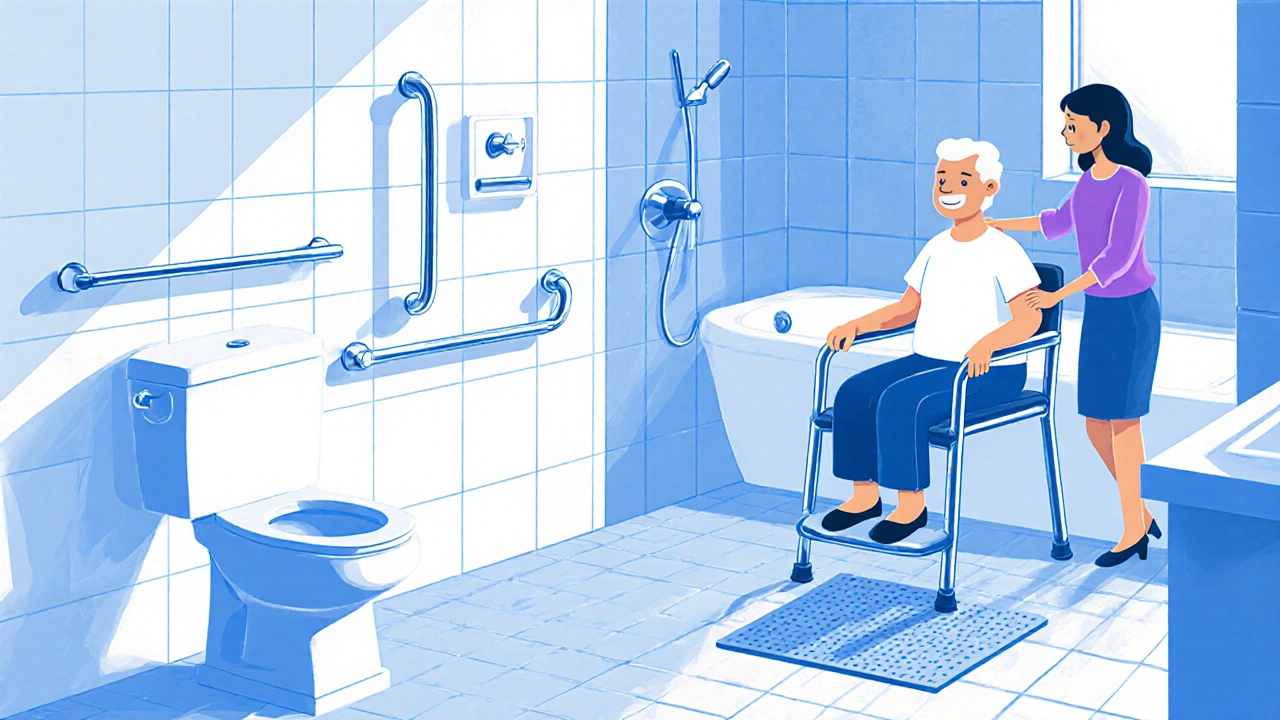 Bathroom with grab bars, shower chair, lever handles, and survivor seated safely.
