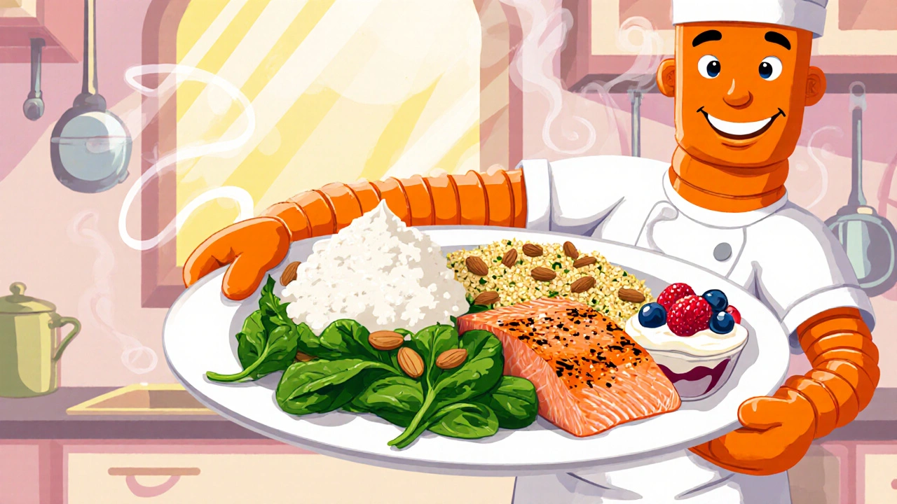 Bright cartoon plate with salmon, quinoa, spinach, nuts, and yogurt parfait in rubber‑hose style.