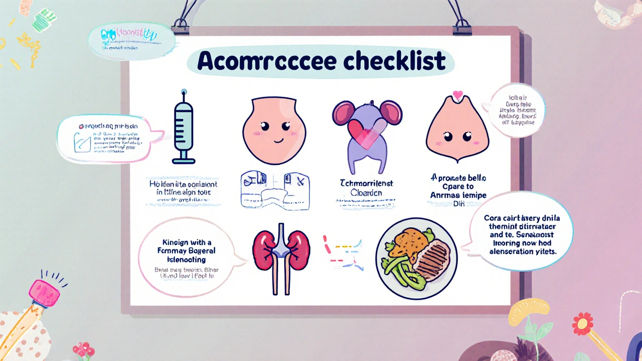 Cartoon checklist showing bilirubin test, contraceptive counseling, pregnancy dose, kidney monitoring, and fatty‑meal advice.
