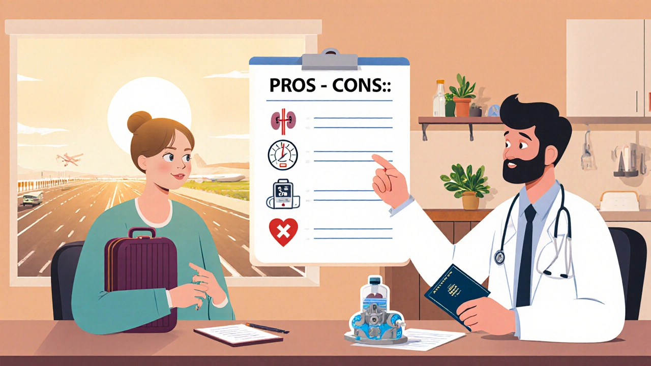 Cartoon shows patient and doctor reviewing a checklist of icons like suitcase, kidney gauge, dollar sign, and heart valve.