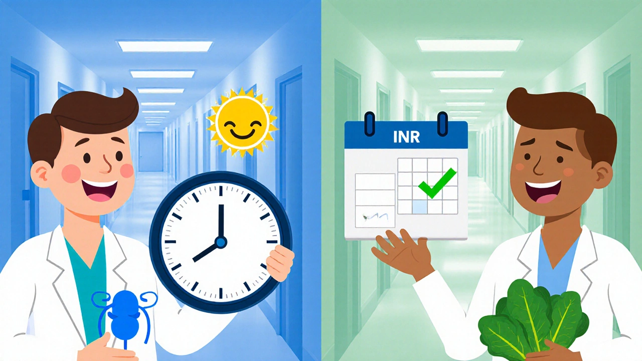 Cartoon split-screen compares a blue pill&#039;s quick onset and kidney check with a green pill requiring INR tests and diet notes.