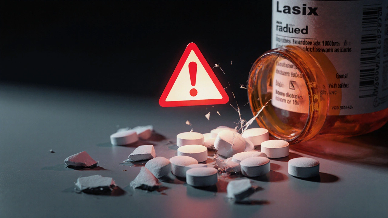 Cautionary scene with cracked pill bottle, red warning symbols, and counterfeit packaging.