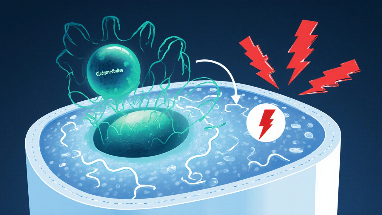 Cell illustration showing methylprednisolone binding to a receptor and reducing cytokines.