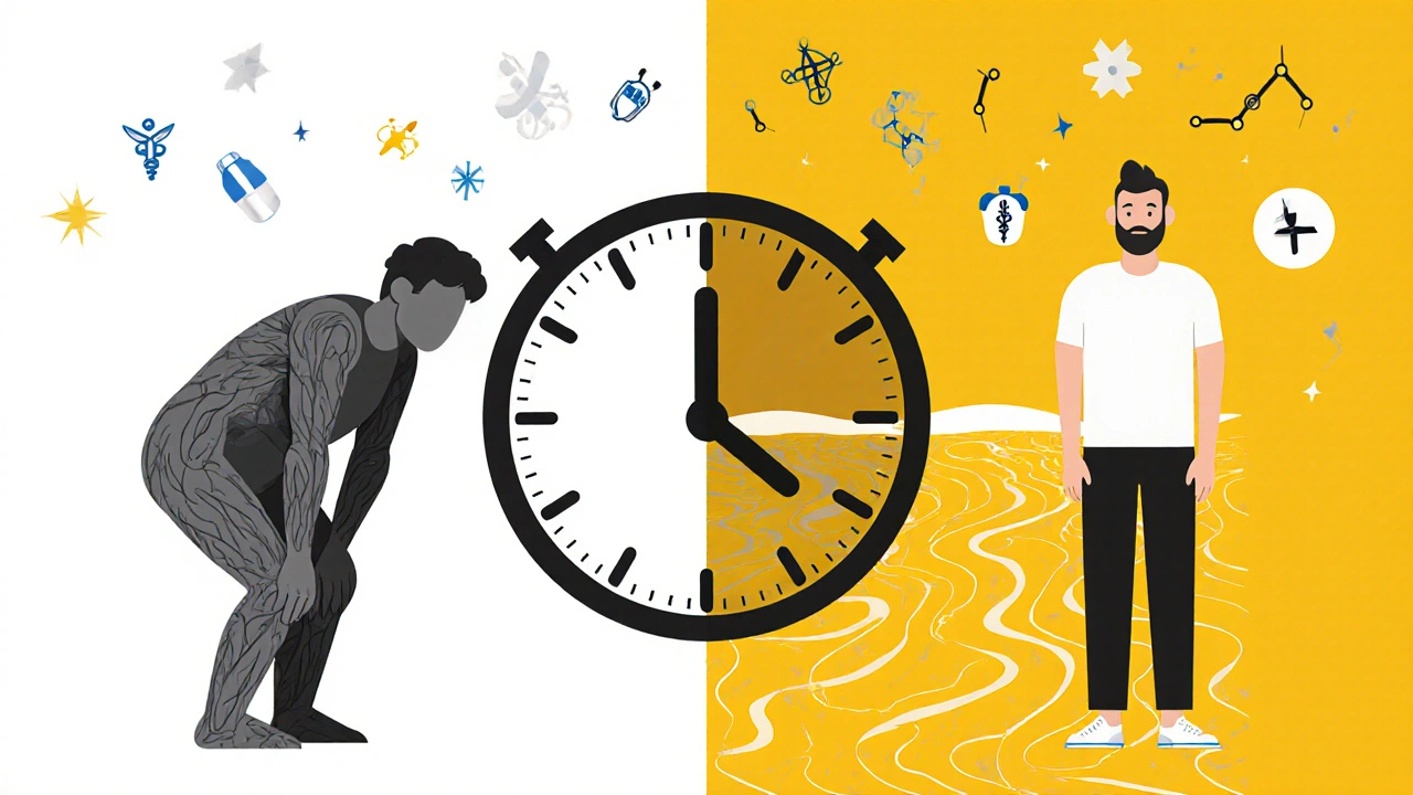 Clock split between painful 'off' period and calm 'on' period with extended dopamine support.