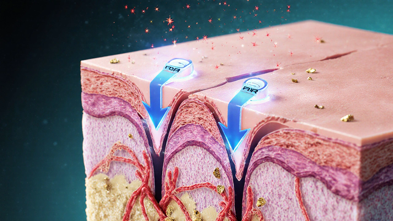 Cross‑section of skin showing tretinoin receptors, collagen growth, and cell shedding.