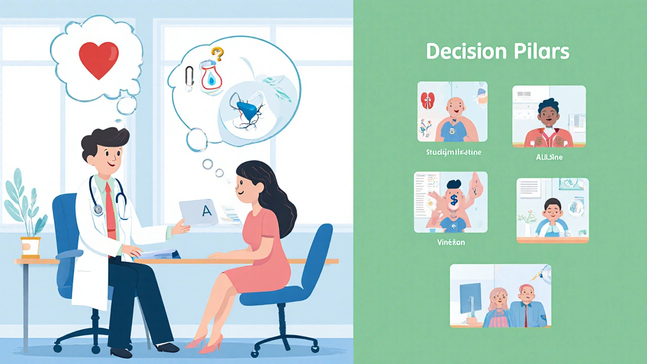 Doctor and patient discussing treatment factors, with case study mini‑scenes.