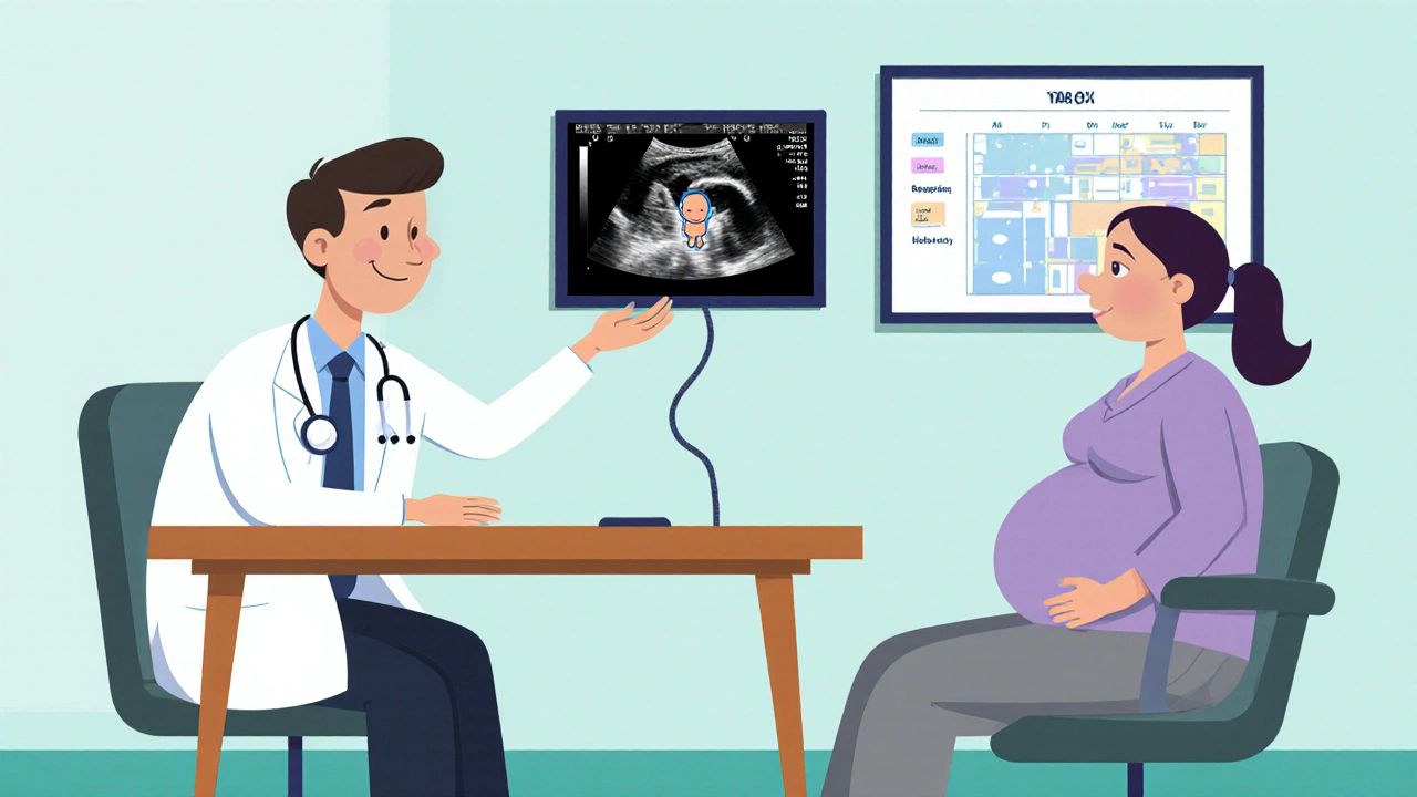 Doctors consulting pregnant patient with fetal ultrasound and medication chart.