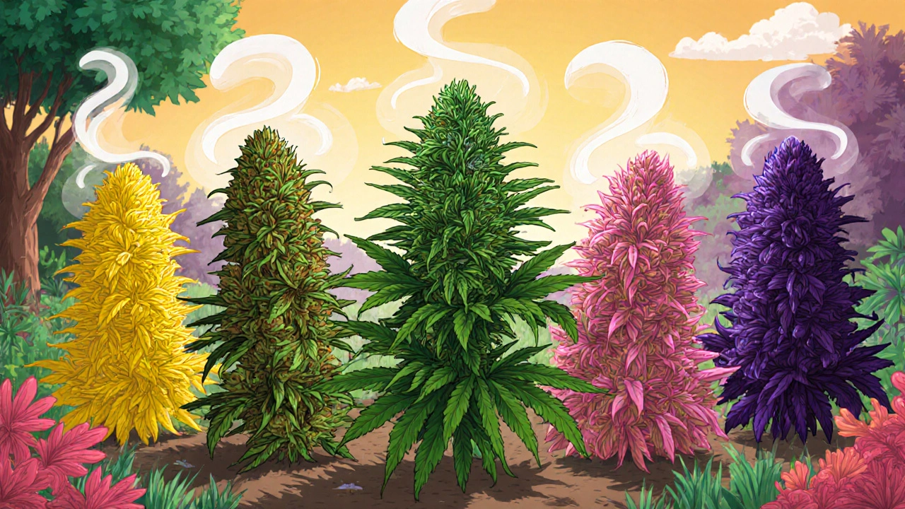Five cartoon cannabis plants each showing unique colors and aromas representing different strains.
