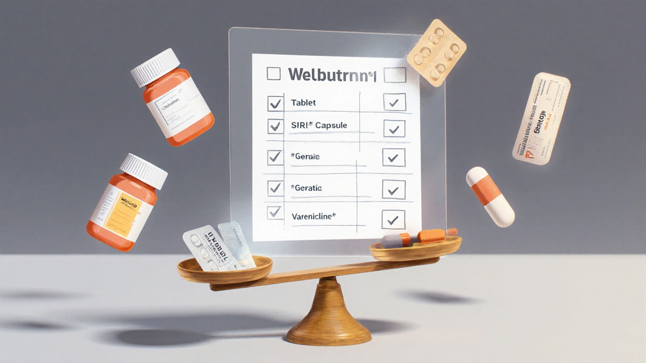 Flat illustration of checklist with floating medication icons and a scale balancing a pill and a nicotine patch.