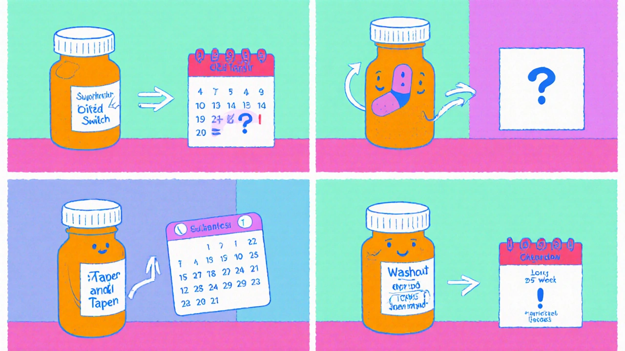 Four-panel comic showing direct switch, cross‑taper, taper‑and‑switch, and washout strategies.