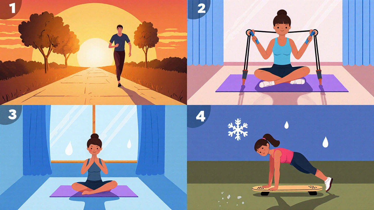 Four scenes showing an MS patient walking, using resistance bands, doing yoga, and balancing on a board.