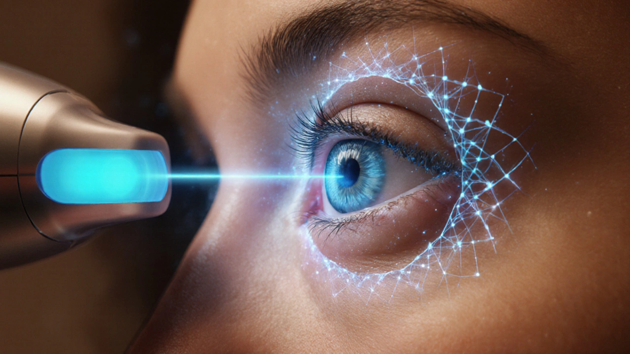 Futuristic micropulse laser creates a gentle blue‑white lattice around an eye in a calm clinic.