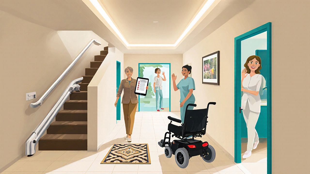 Hallway with stair lift, widened doorway, wheelchair, and caregiver assisting.