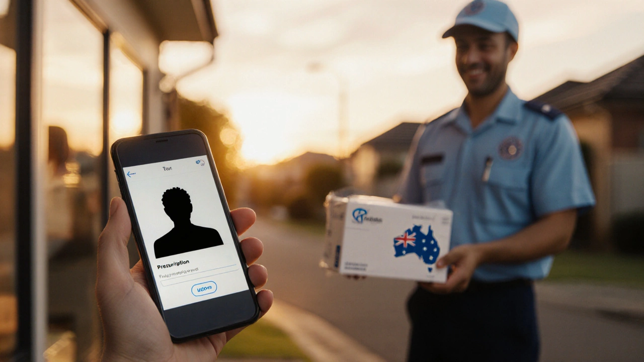 Hand holding phone with telehealth call, courier delivering a sealed medical parcel to an Australian home.