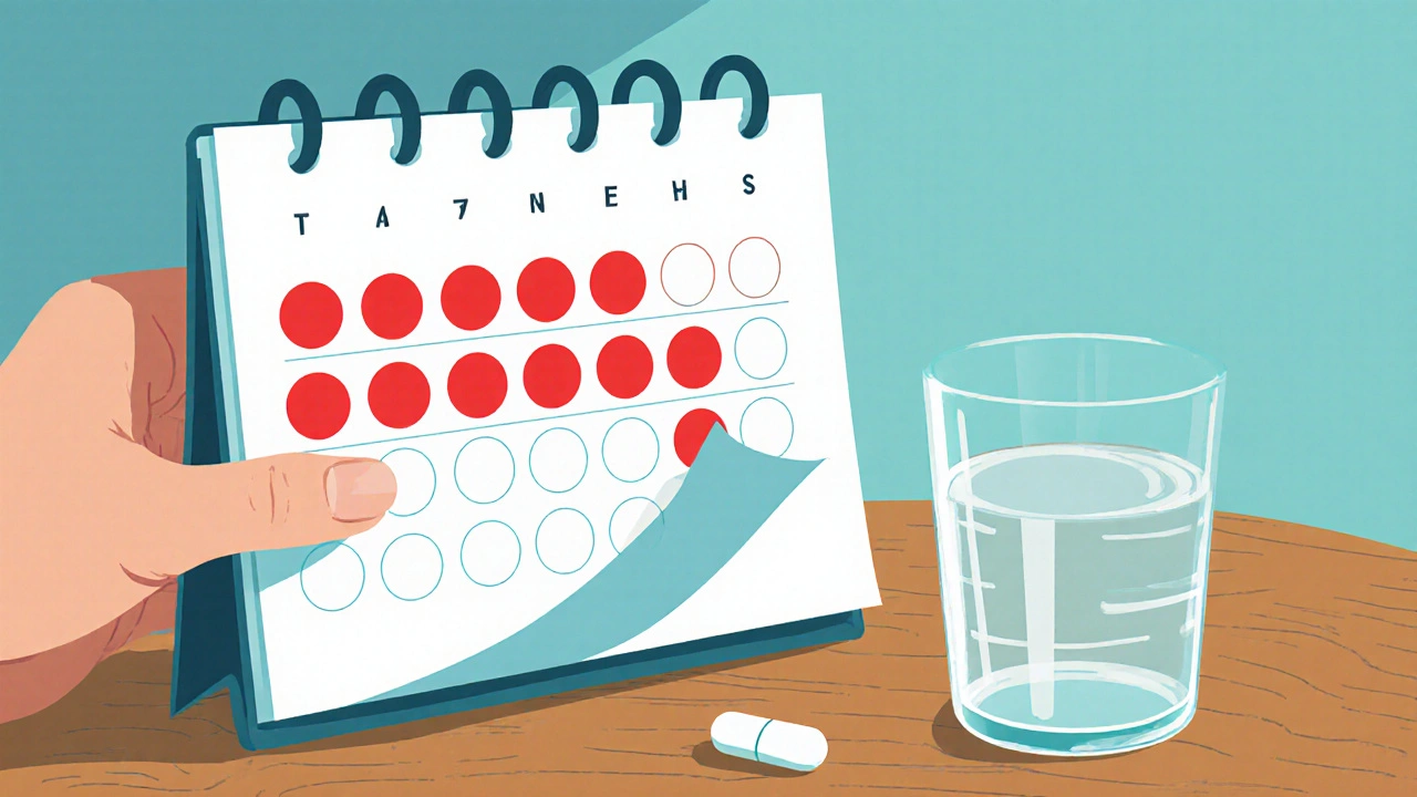 Hand marking a calendar showing 21 days of pills followed by a week off.