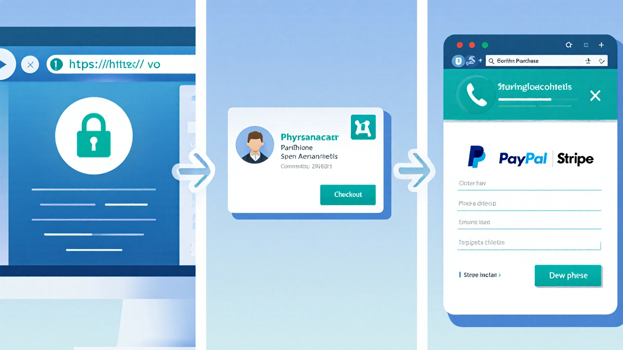 Illustrated online pharmacy page showing secure URL, pharmacist contact, and checkout icons.