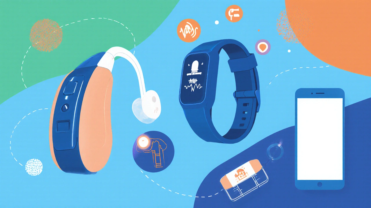 Illustration of hearing aid, wrist balance wearable, neckband tinnitus masker, and vestibular implant.