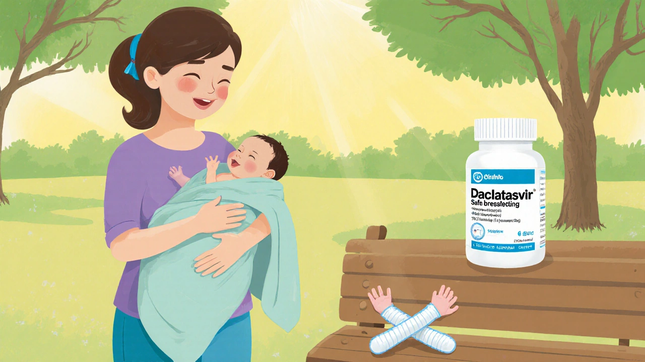 Mother holding newborn, crossed out pill bottle nearby, in a sunny park.