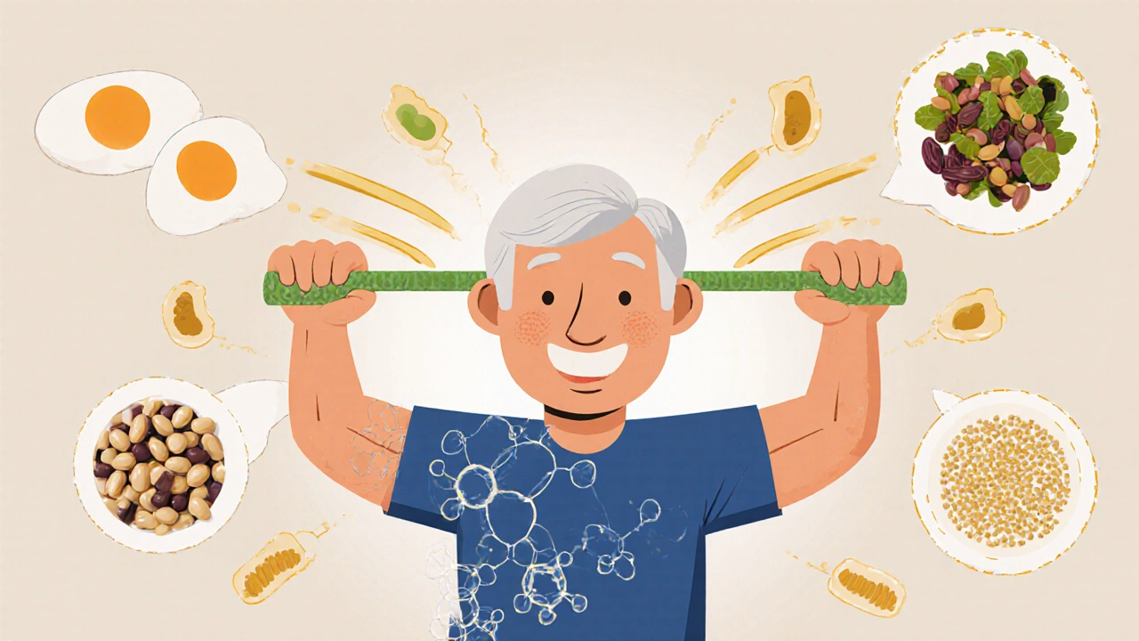 Older adult exercising with food icons releasing energy trails into their muscles, symbolizing natural fumarate production.