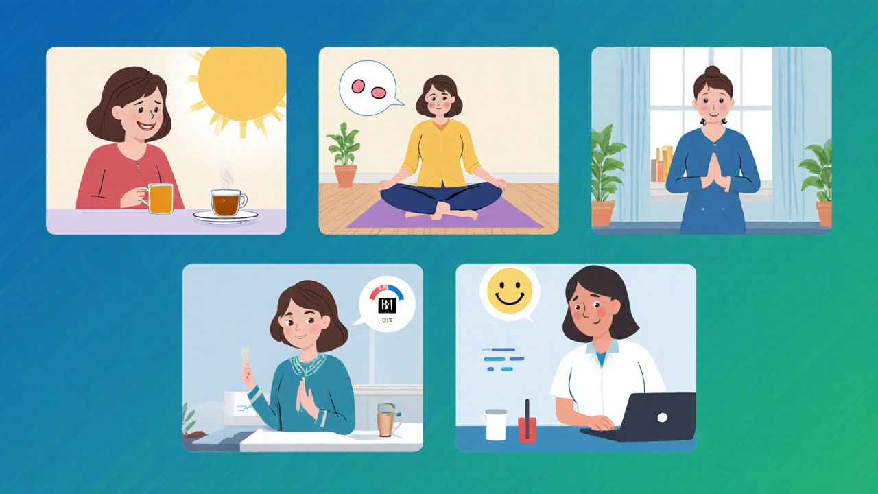 Panel view of Jane's daily routine: medication, yoga, therapy, pain check.