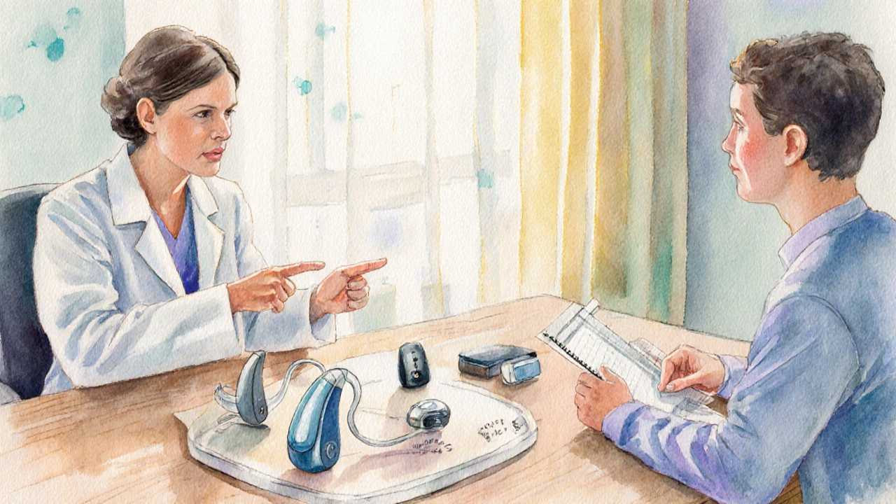 Patient and doctor discussing assistive devices in a bright clinic, holding a notebook.