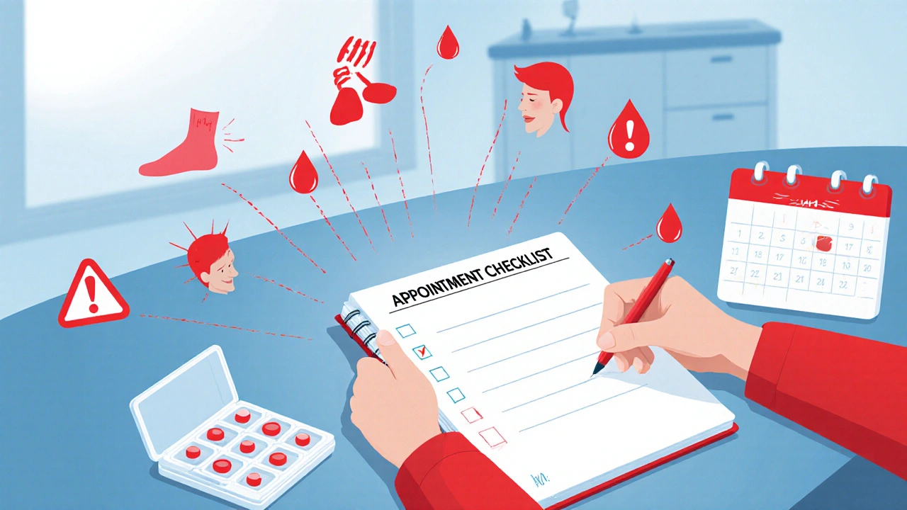 Patient at a table with checklist, medication organizer, and subtle warning icons for lupus red‑flags.