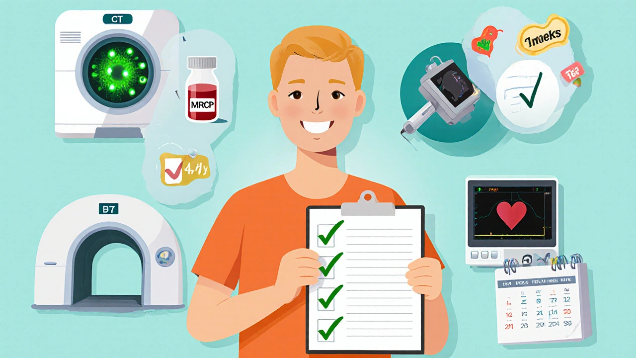 Patient holding checklist surrounded by cartoon icons of CT, blood test, MRI, and endoscopy.