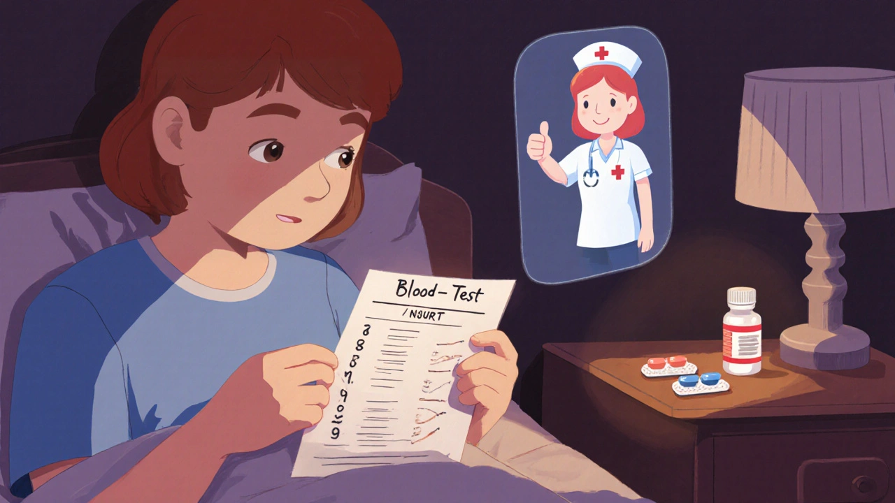 Patient reviewing blood test results at home with nurse hologram and medication.