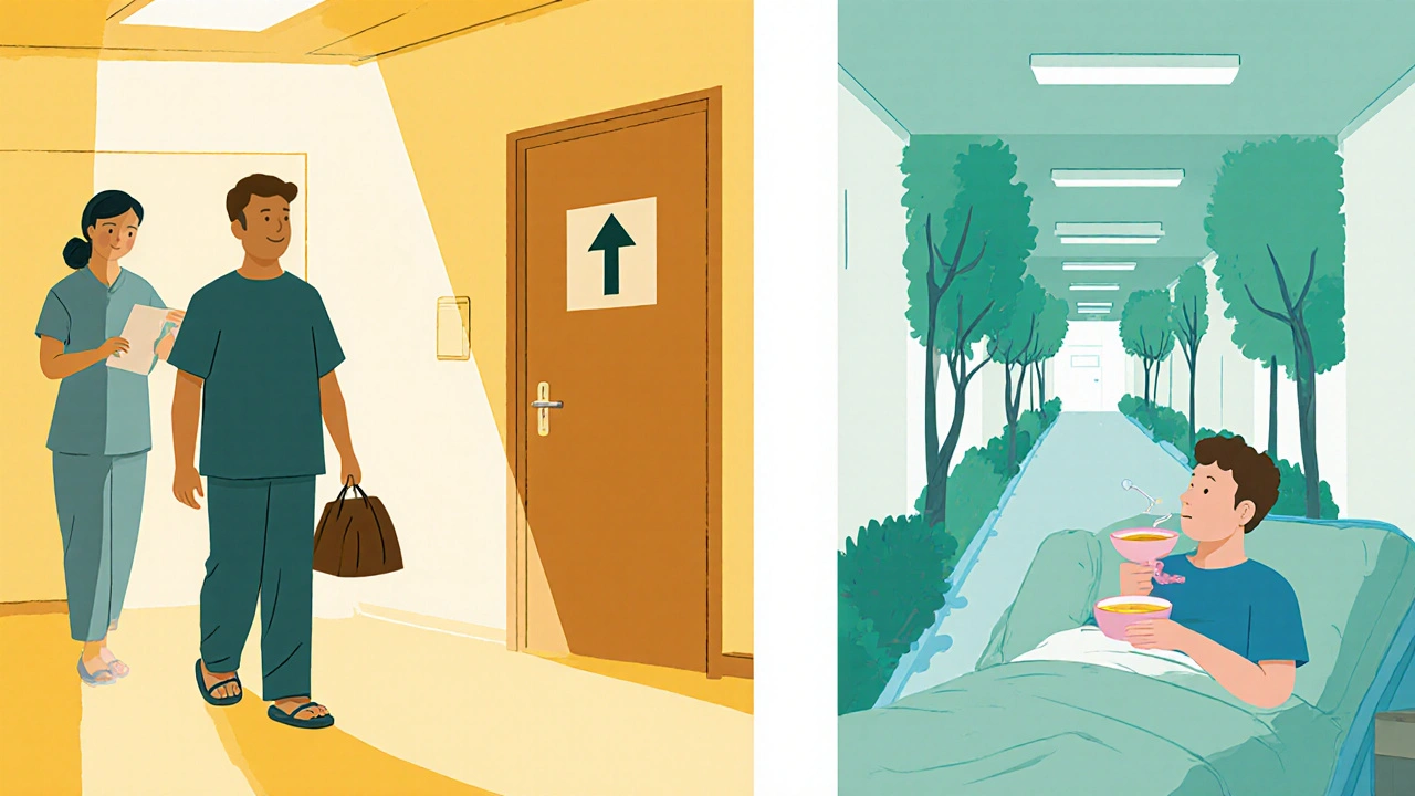 Patient walking to surgery in pajamas, then recovering with broth and a short garden walk.