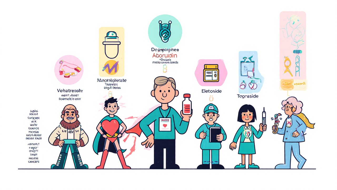 Personified chemotherapy drugs in a row with icons showing their classes and uses.