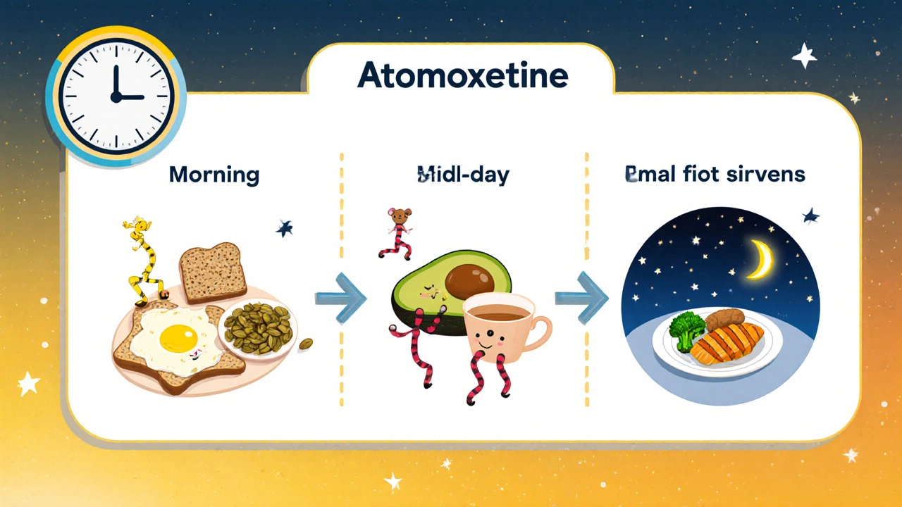 Rubber‑hose cartoon of a daily meal schedule with Atomoxetine doses and balanced meals.