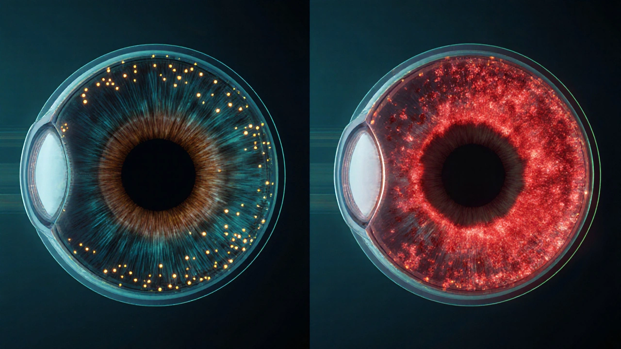 Side‑by‑side eye cross‑sections illustrate SLT with tiny pulses and ALT with larger burns.