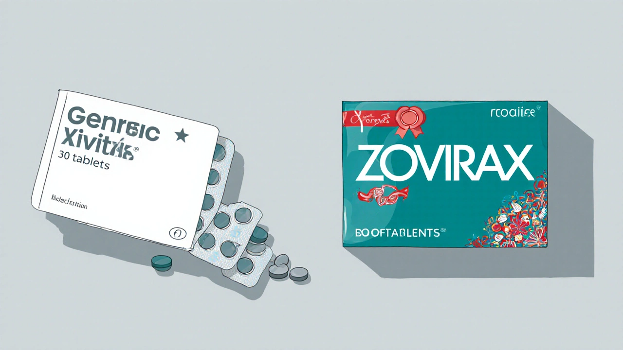 Side‑by‑side illustration of plain generic Zovirax blister pack and colorful brand Zovirax box.