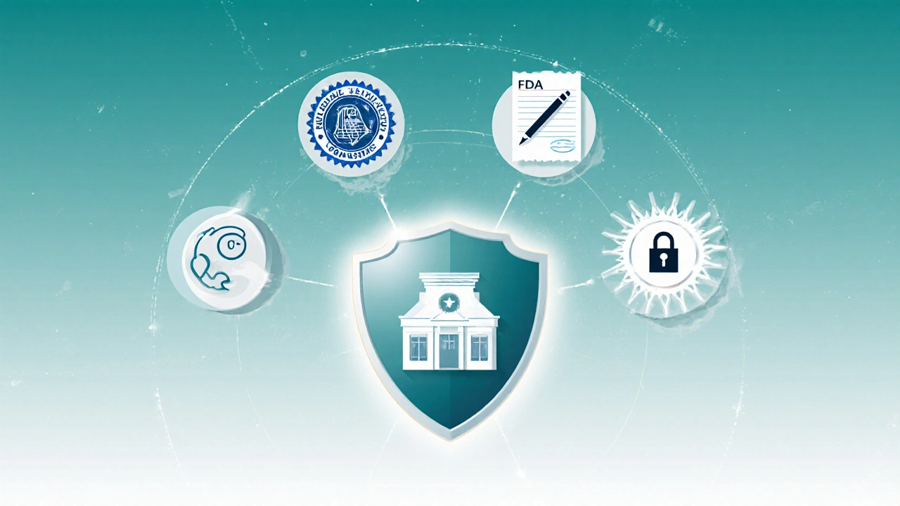 Six icons representing safety checks for online pharmacies.