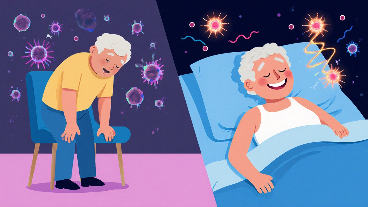 Split illustration: tired person with dim cells vs. rested person with bright, active mitochondria for recovery.