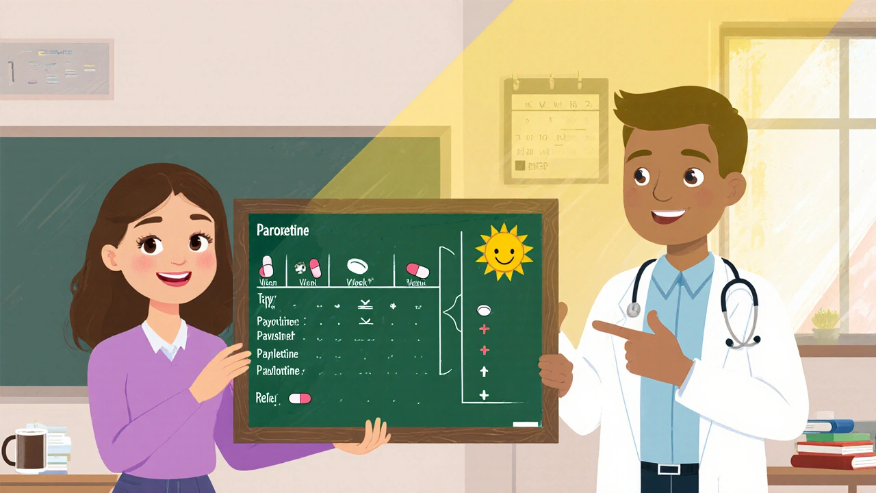 Teacher Maria reviewing a weekly taper schedule with a doctor in a sunny classroom.