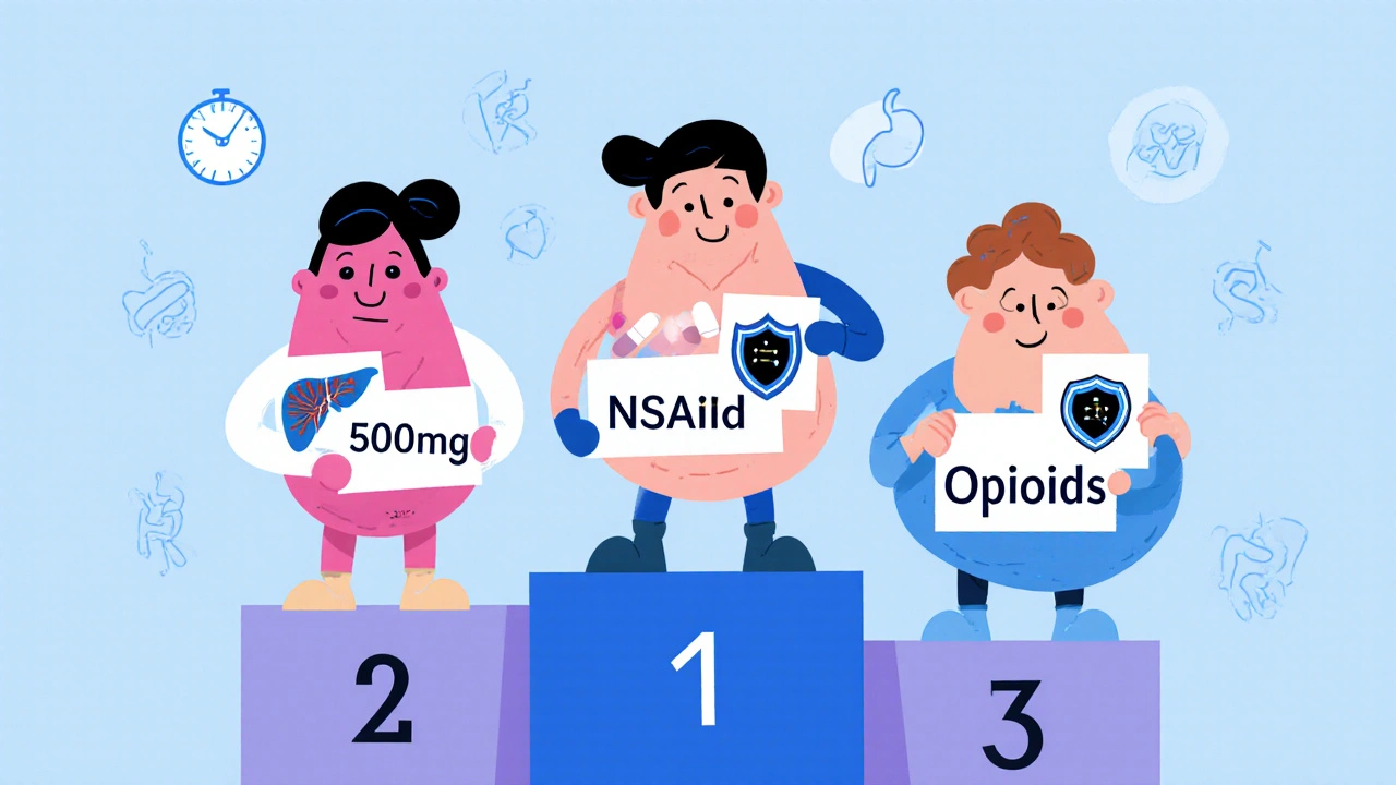 Three cartoon characters for acetaminophen, NSAIDs, opioids with dosage and safety icons.