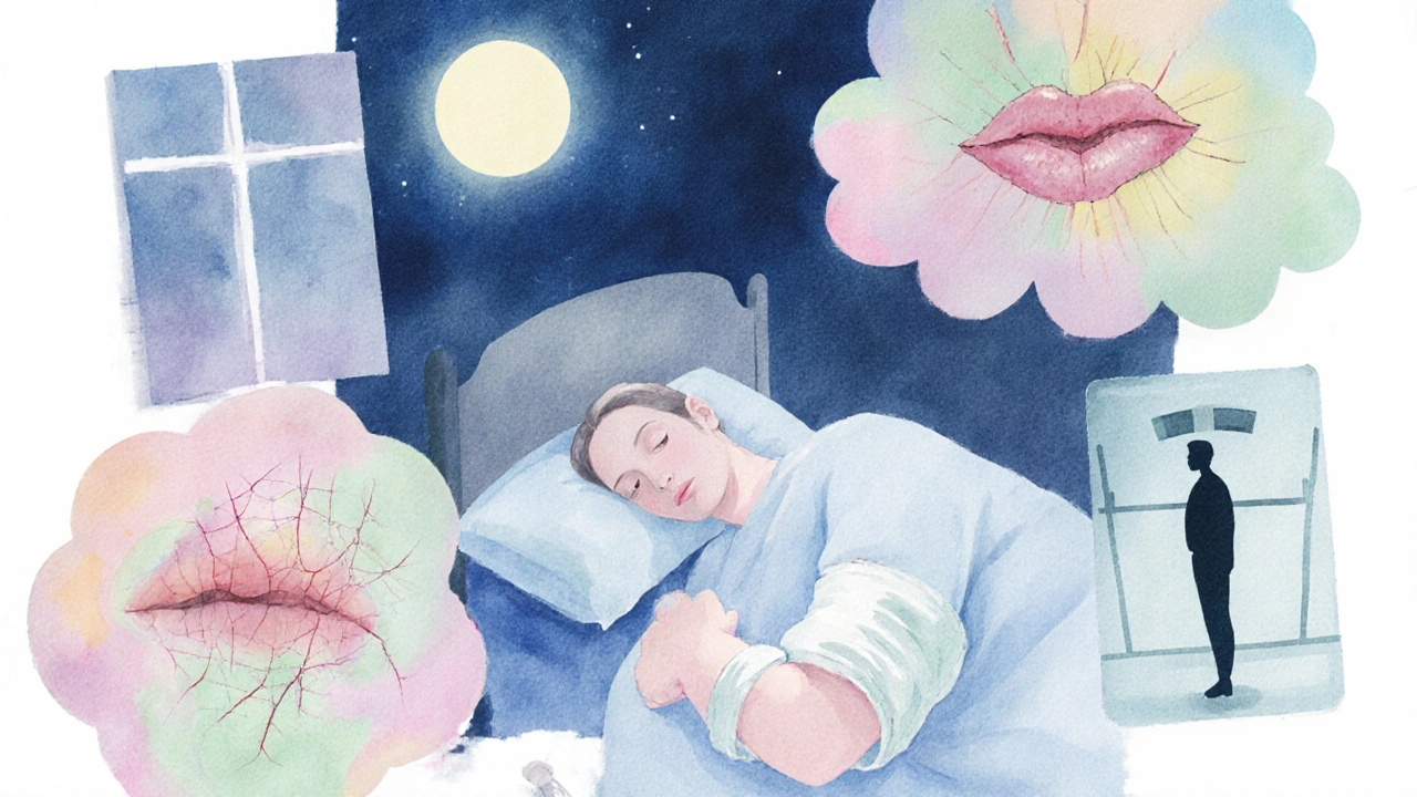 Watercolor collage of insomnia, dry mouth, blood pressure cuff, vivid dreams, and weight change symbols.