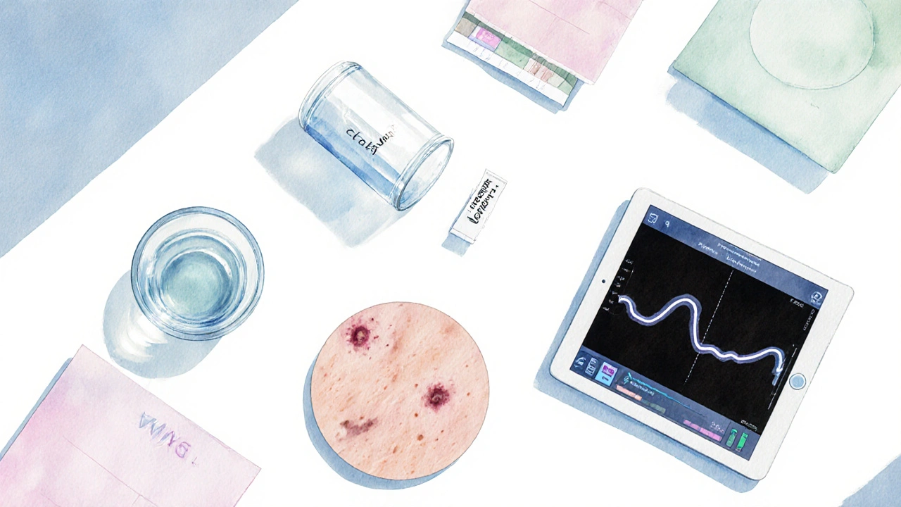 Watercolor flat‑lay of lupus lab tests: blood tube, urine cup, echocardiogram screen, skin lesion sketch.