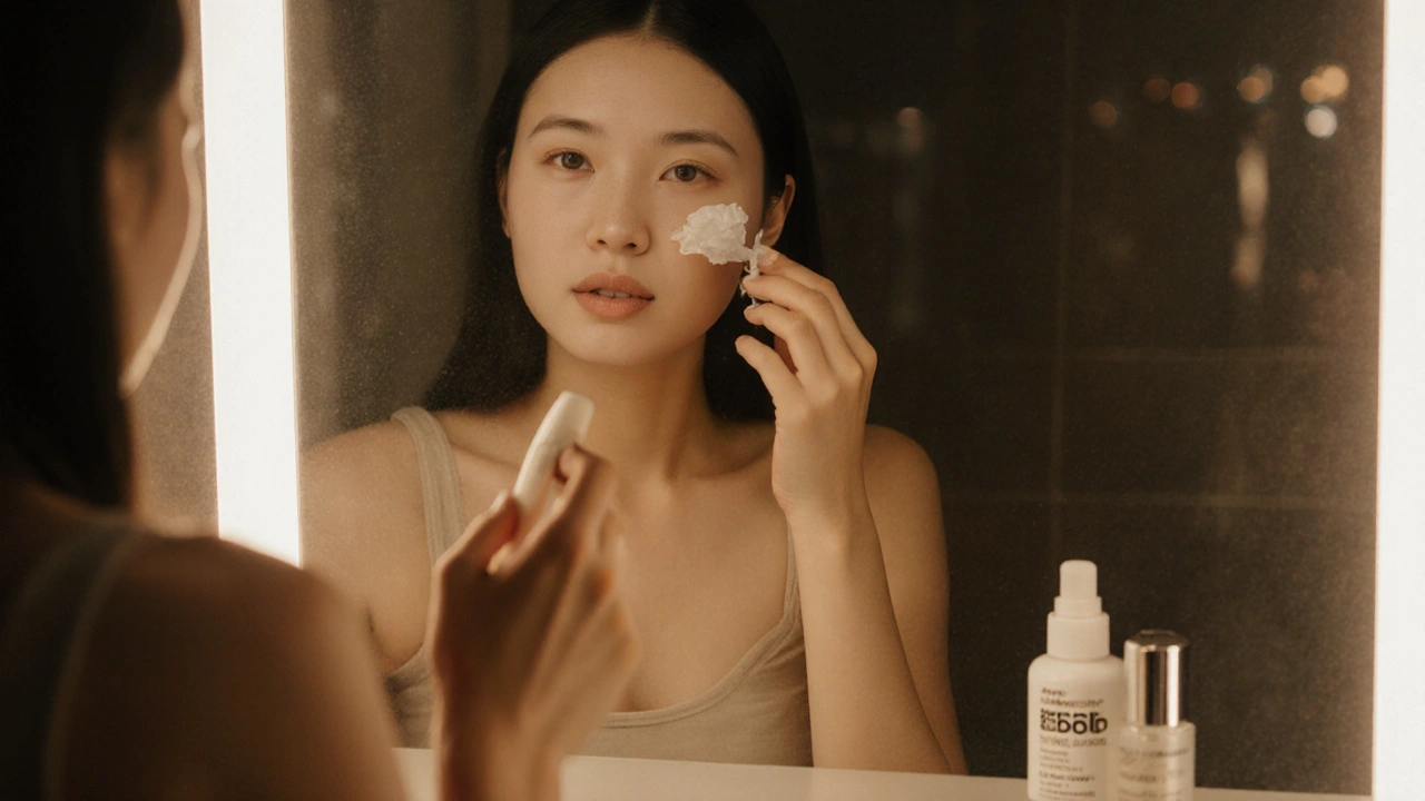 Woman applying a pea‑size amount of A‑Ret Gel at night with moisturizer and sunscreen nearby.