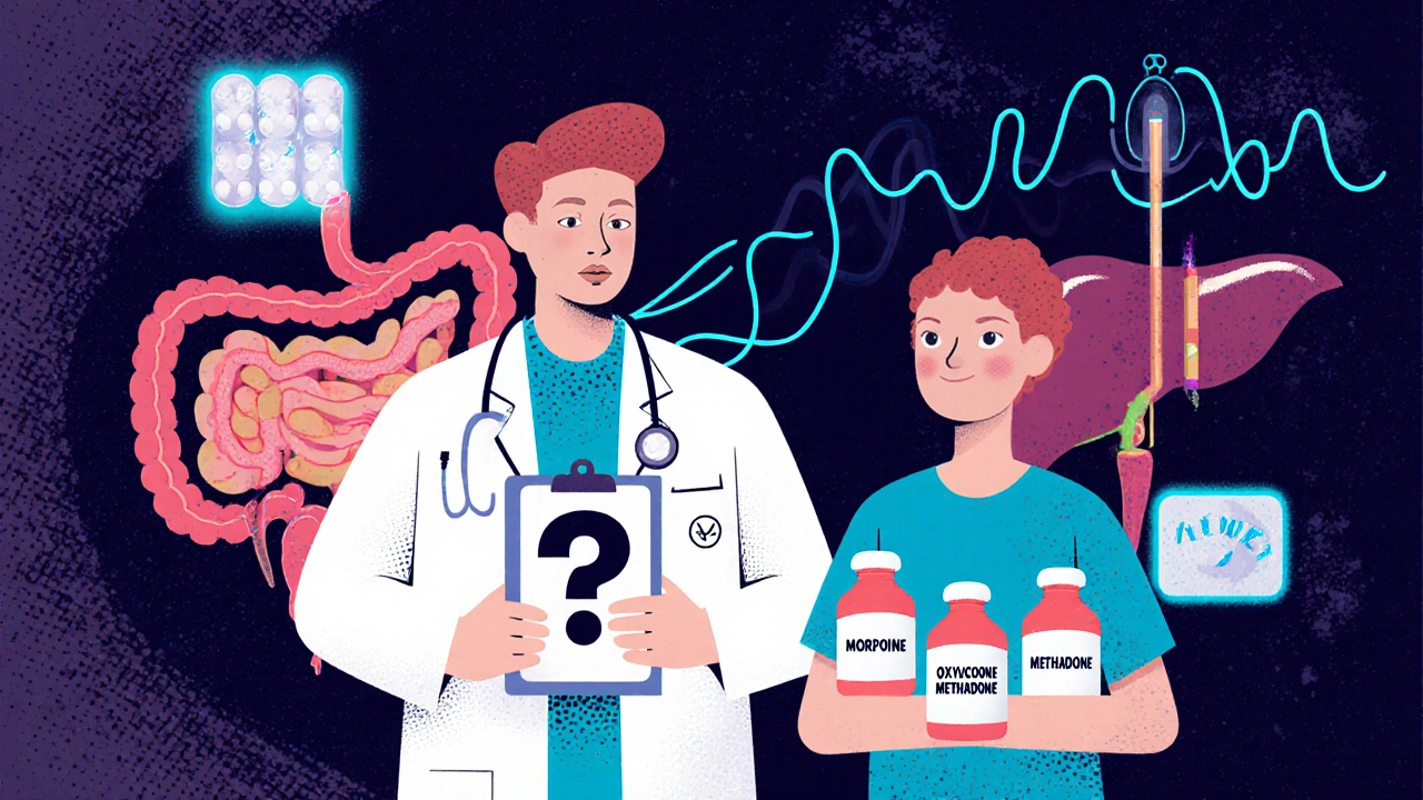 A doctor and patient facing opioid choices, with safer alternatives glowing, and inflammation spreading from gut to liver.