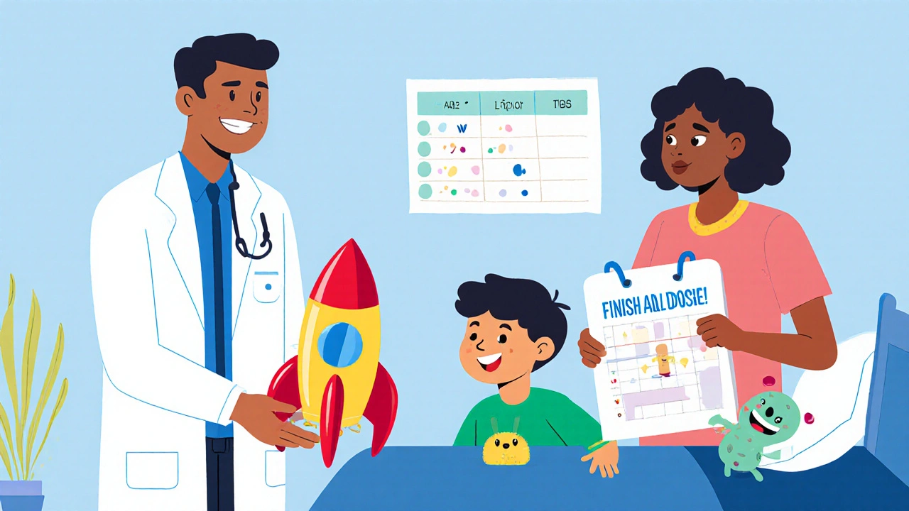 A doctor gives a child a rocket-shaped liquid antibiotic bottle in a cheerful clinic setting.