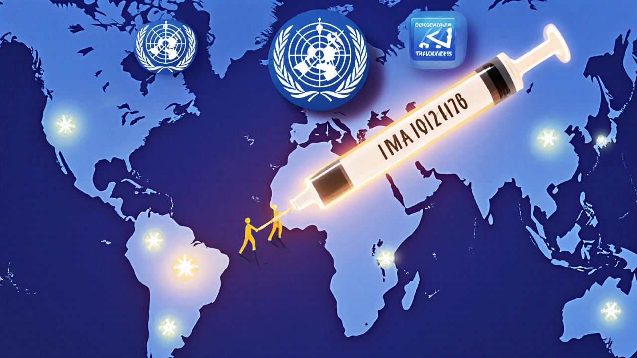 A global map with injection icons highlighting access disparities, and a glowing syringe bridging regions.