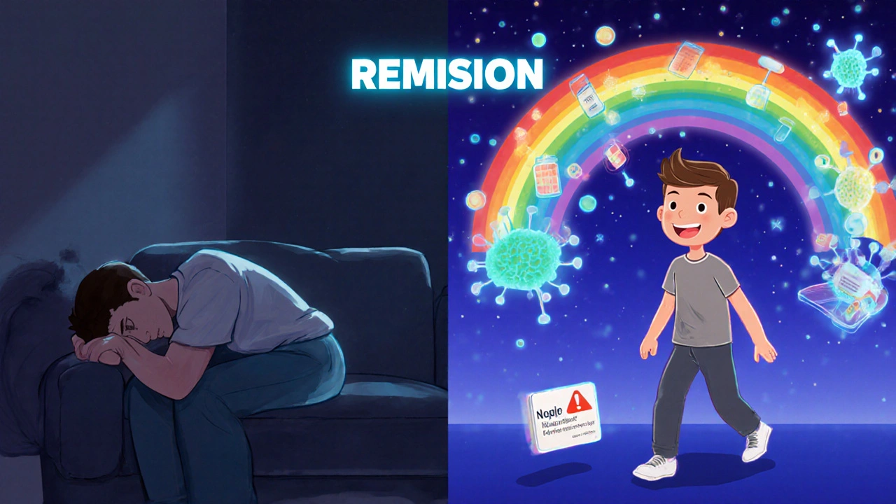 A patient transitioning from fatigue to wellness under new immunotherapy drugs.