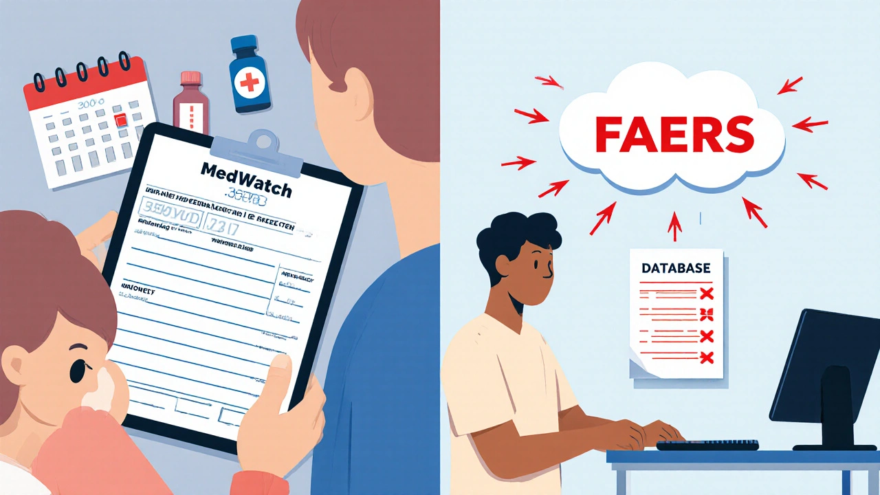 A person fills out a MedWatch form at home while a provider submits a report via EHR, both feeding into a central safety database.