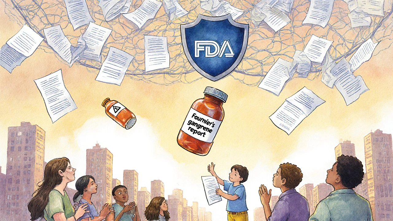 A safety net of reports catches dangerous drug bottles above a city, with a child handing a report to an FDA shield in the sky.